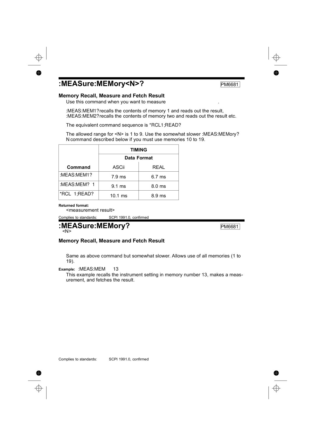 Fluke PM6681R, PM6685R manual MEASureMEMoryN?, MEASureMEMory?, Memory Recall, Measure and Fetch Result, Data Format Command 