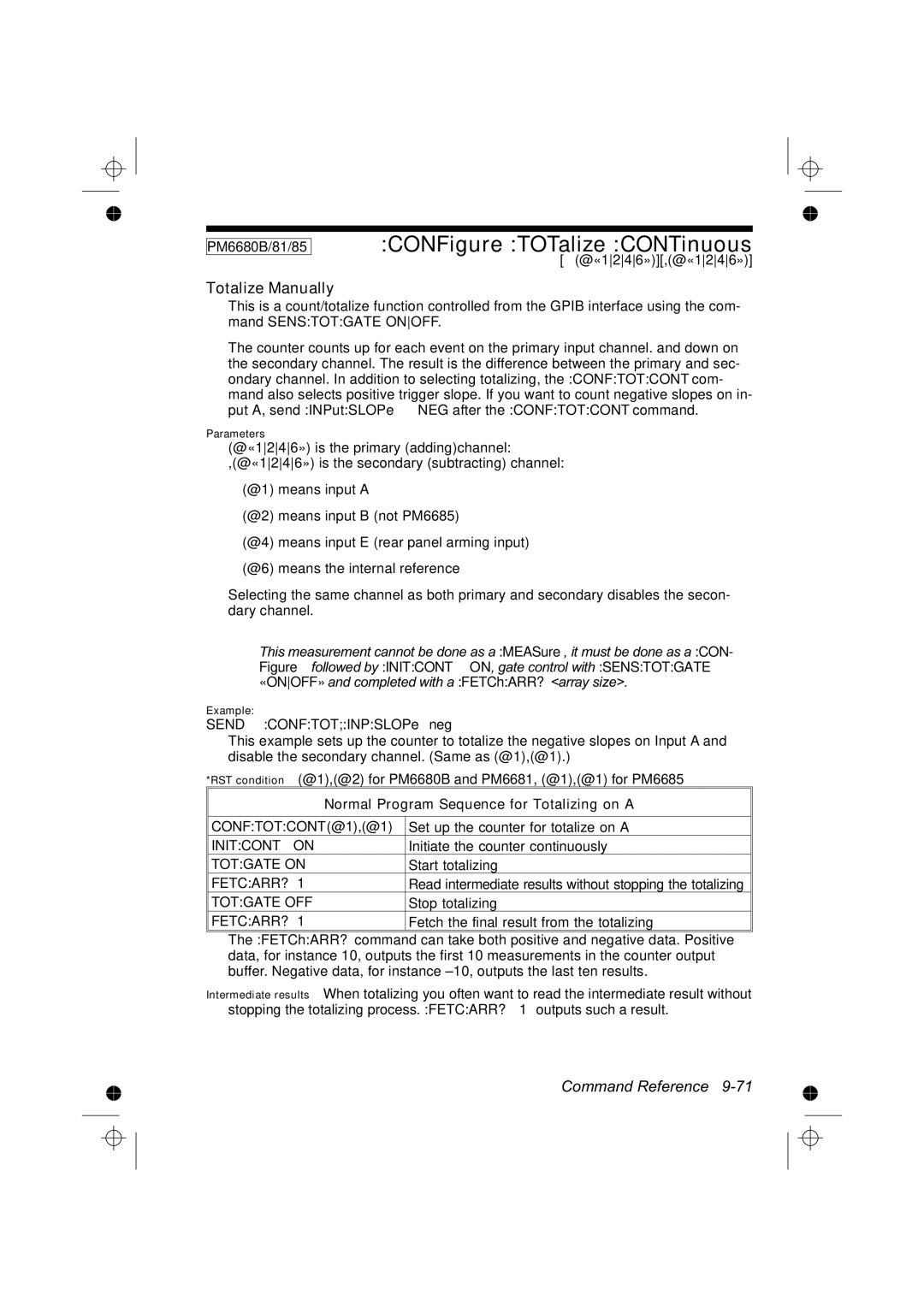 Fluke PM6681 PM6680B/81/85CONFigure TOTalize CONTinuous, Totalize Manually, @«1246»,@«1246», Send CONFTOTINPSLOPe neg 