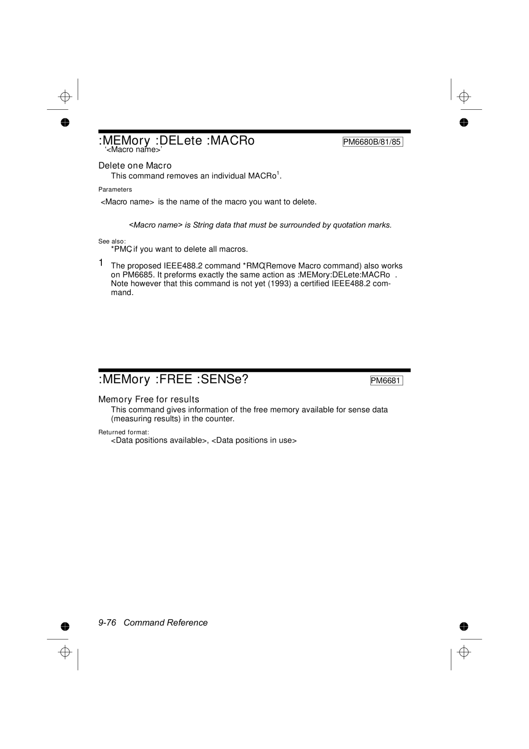 Fluke PM6685R, PM6681R manual MEMory DELete MACRo, MEMory Free SENSe?, Delete one Macro, Memory Free for results 