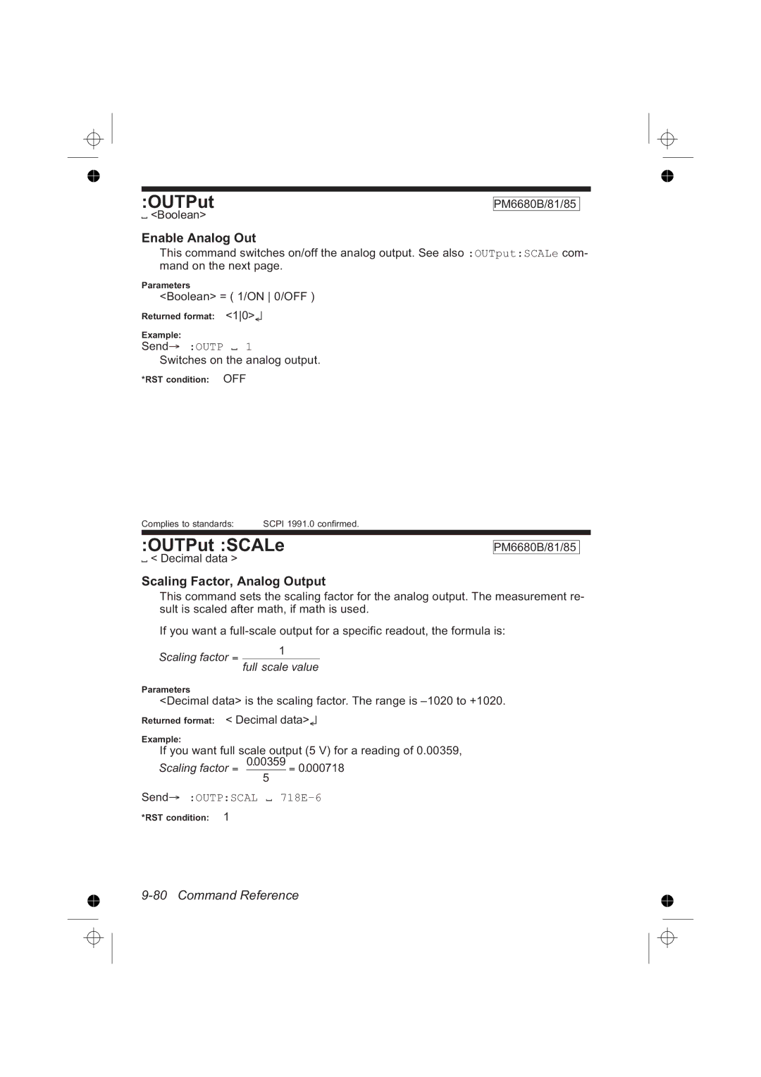Fluke PM6685R, PM6681R manual OUTPut SCALe, Enable Analog Out, Scaling Factor, Analog Output, Send Outpscal 718E-6 
