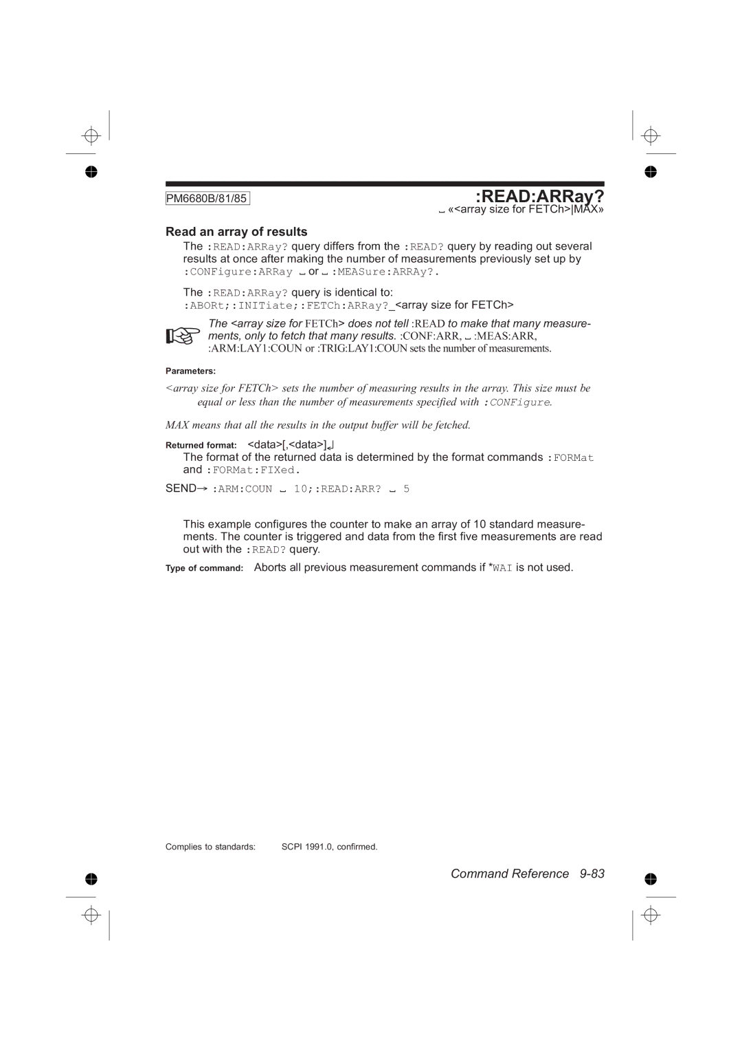 Fluke PM6681R, PM6685R manual READARRay?, Read an array of results, «array size for FETChMAX», Send Armcoun 10READARR? 