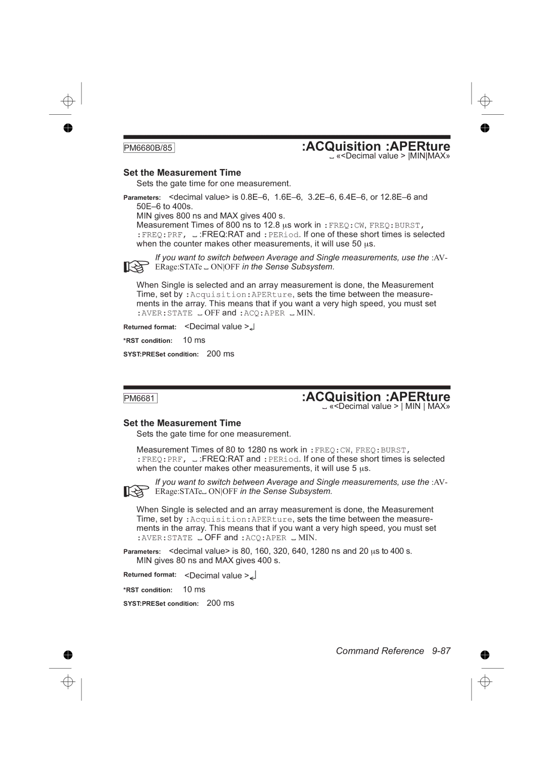 Fluke PM6681R, PM6685R manual ACQuisition APERture, Set the Measurement Time, «Decimal value MINMAX», Decimal value 10 ms 