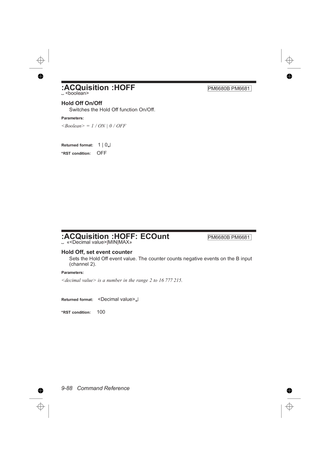 Fluke PM6685R, PM6681R manual ACQuisition Hoff ECOunt, Hold Off On/Off, Hold Off, set event counter 