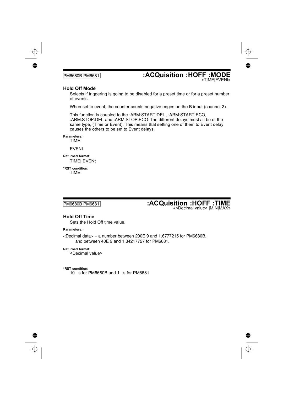 Fluke PM6681R, PM6685R manual ACQuisition Hoff Mode, ACQuisition Hoff Time, Hold Off Mode, Hold Off Time 