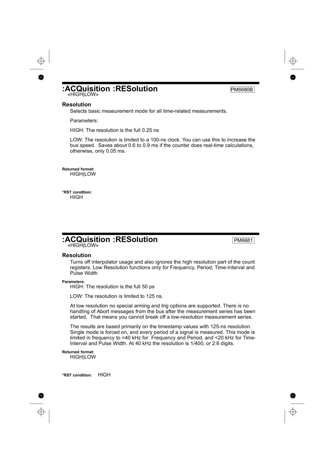 Fluke PM6681R, PM6685R manual ACQuisition RESolution, Resolution 