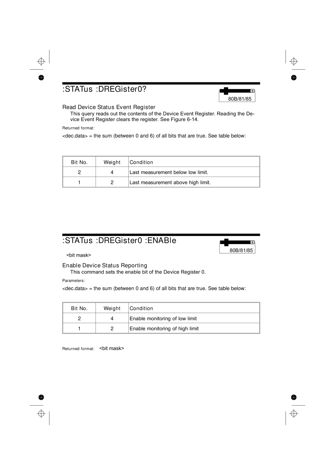 Fluke PM6685R STATus DREGister0?, STATus DREGister0 ENABle, Read Device Status Event Register, Bit No Weight Condition 