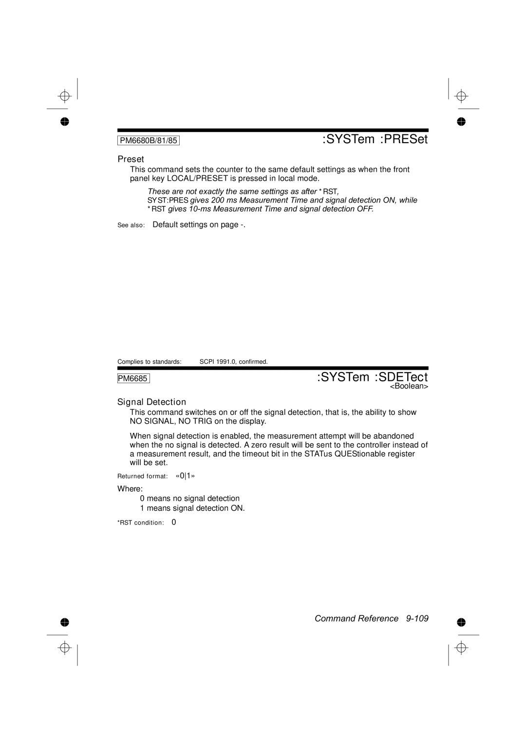 Fluke PM6681R, PM6685R manual SYSTem PRESet, SYSTem SDETect, Preset, Signal Detection, See also Default settings on 