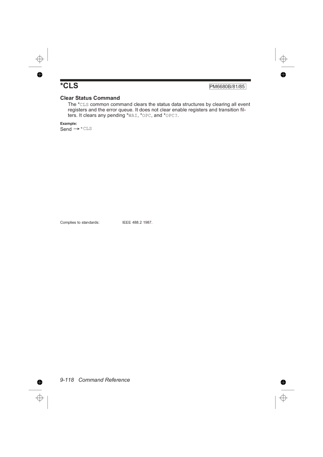 Fluke PM6681R, PM6685R manual Clear Status Command, Send *CLS 