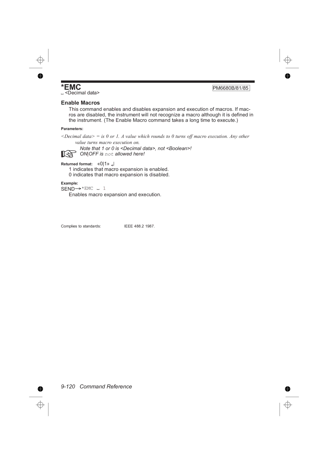 Fluke PM6685R, PM6681R manual Enable Macros, Decimal data PM6680B/81/85, Send*Emc, Enables macro expansion and execution 