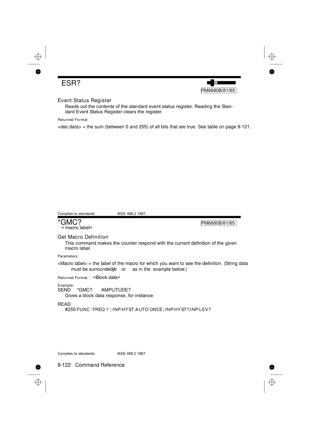 Fluke PM6681R, PM6685R Event Status Register, Get Macro Definition, Macro label PM6680B/81/85, Send *GMC? ‘AMPLITUDE?’ 