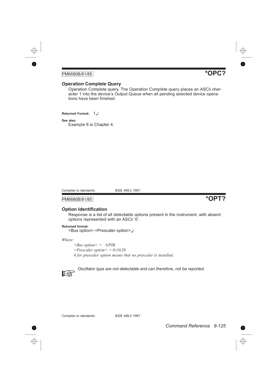 Fluke PM6685, PM6681R Operation Complete Query, Option Identification, Example 6 is Chapter, Bus option,Prescaler option 