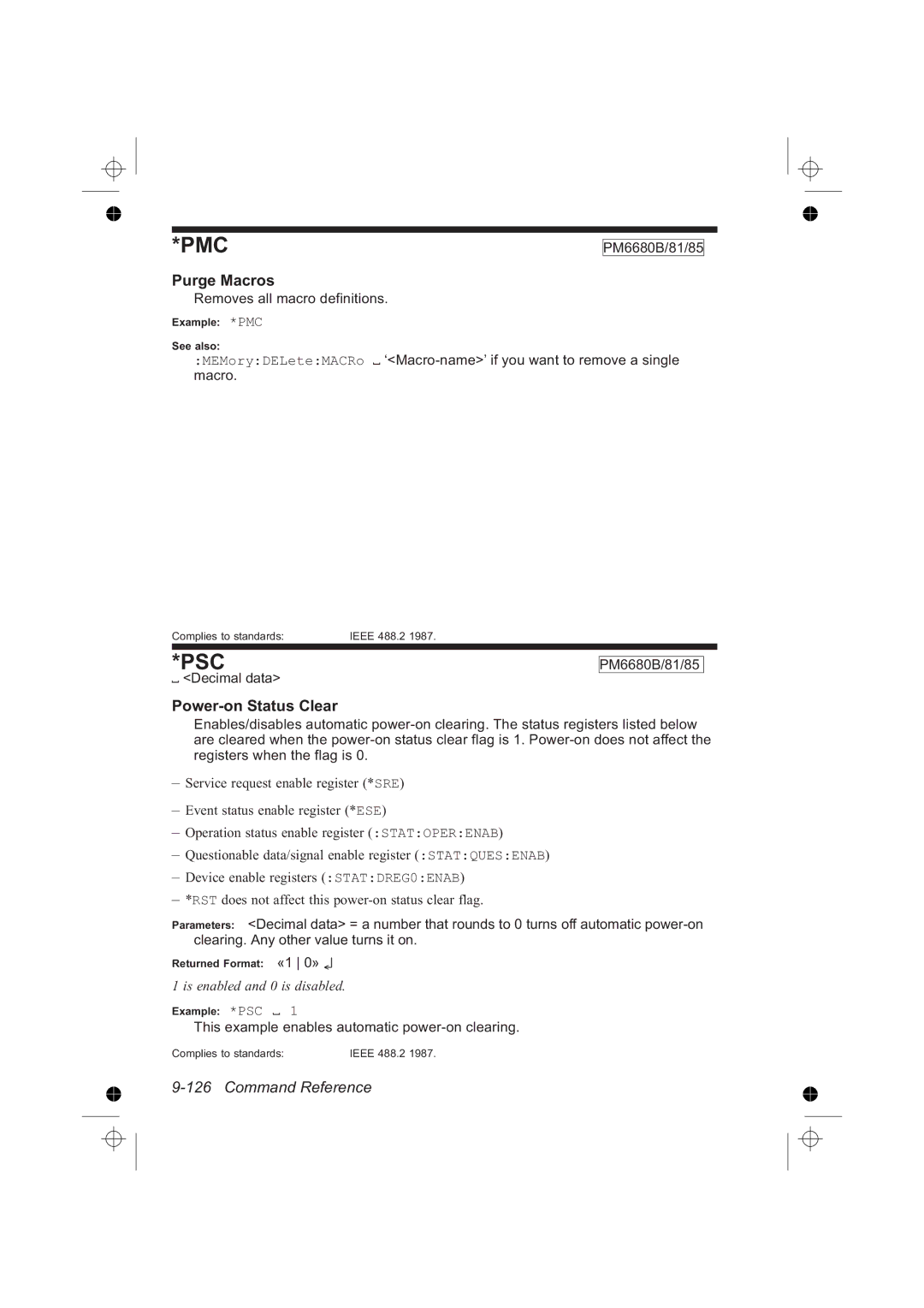 Fluke PM6681R, PM6685R manual Purge Macros, Power-on Status Clear, Removes all macro definitions 