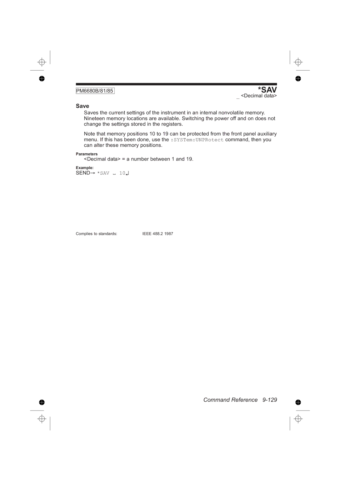 Fluke PM6681R, PM6685R manual Save, Decimal data = a number between 1, Send *SAV 