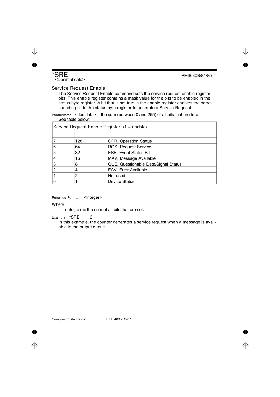 Fluke PM6681R, PM6685R manual Service Request Enable Register 1 = enable 