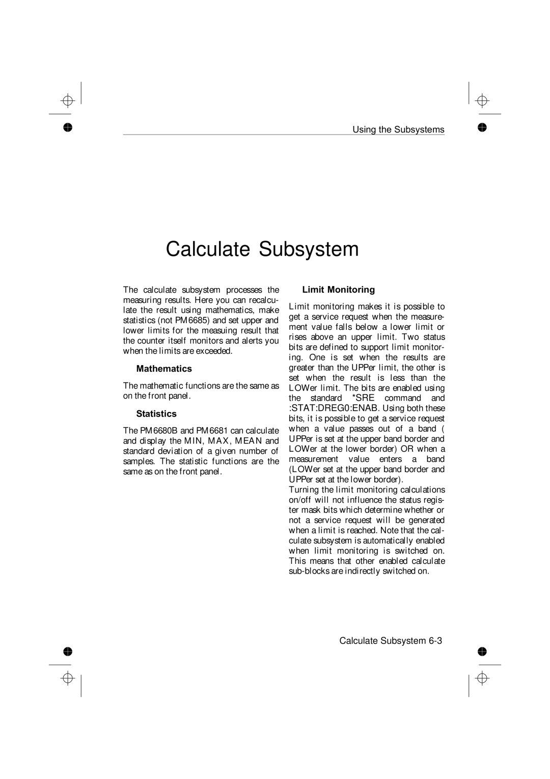 Fluke PM6681R, PM6685R manual Mathematics, Statistics, Limit Monitoring, Calculate Subsystem 