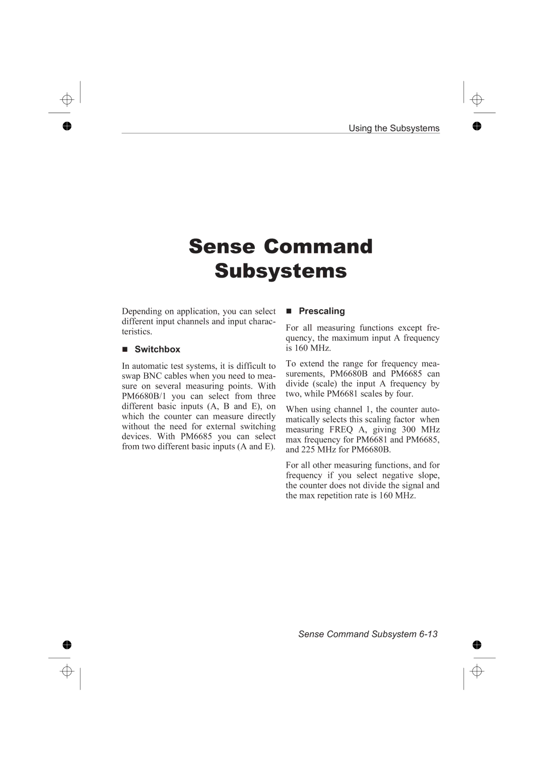 Fluke PM6681R, PM6685R manual Switchbox, Prescaling, Sense Command Subsystem 