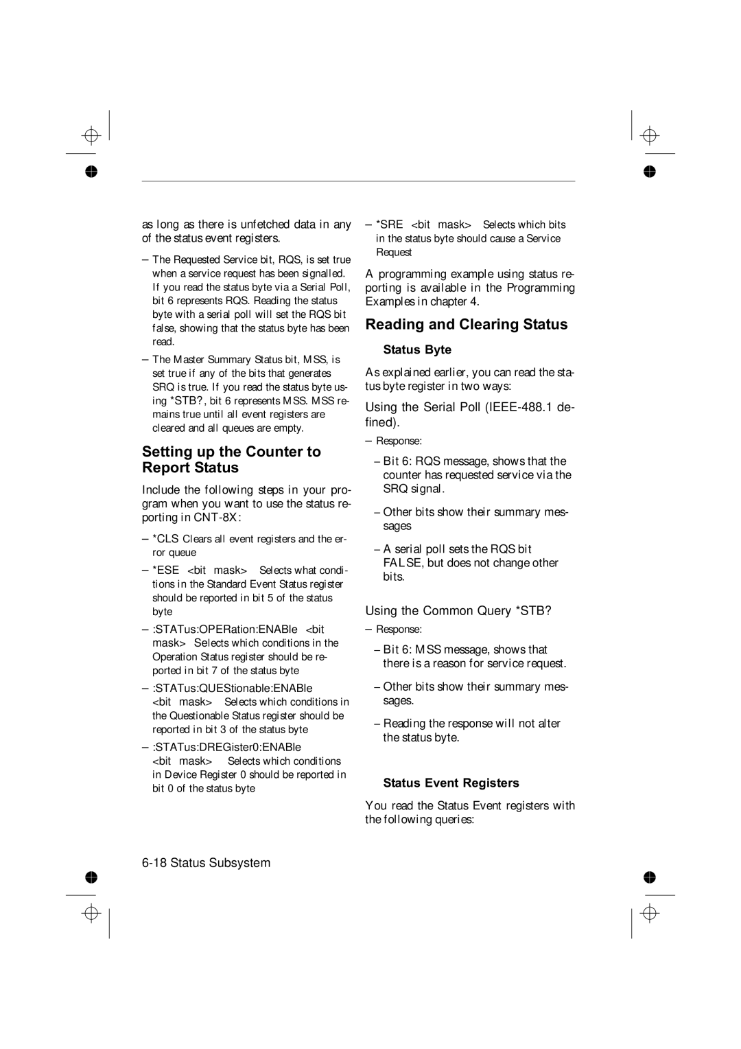 Fluke PM6685R Setting up the Counter to Report Status, Reading and Clearing Status, Status Byte, Status Event Registers 