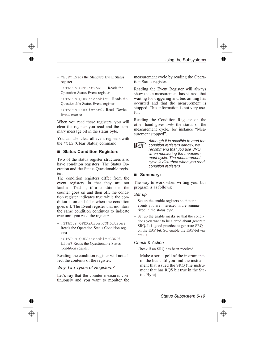 Fluke PM6681R, PM6685R manual Status Condition Registers, Why Two Types of Registers?, Set up, Check & Action, Sre 