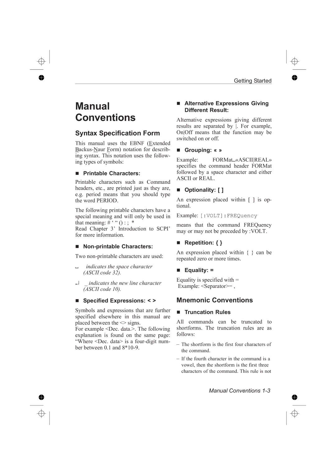 Fluke PM6681R, PM6685R manual Manual Conventions, Syntax Specification Form, Mnemonic Conventions 