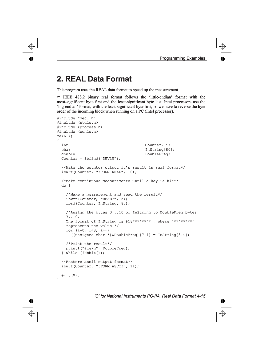 Fluke PM6681R, PM6685R manual REAL Data Format, ‘C’ for National Instruments PC-IIA, Real Data Format 