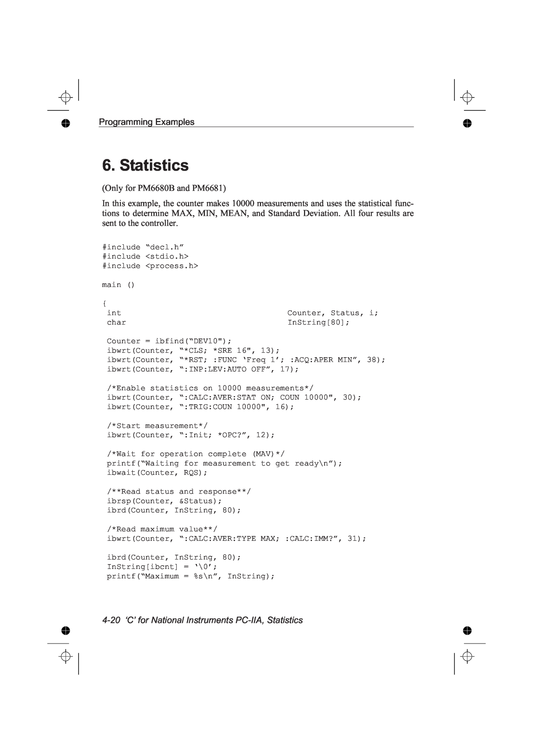 Fluke PM6681R, PM6685R manual 4-20 ‘C’ for National Instruments PC-IIA, Statistics 