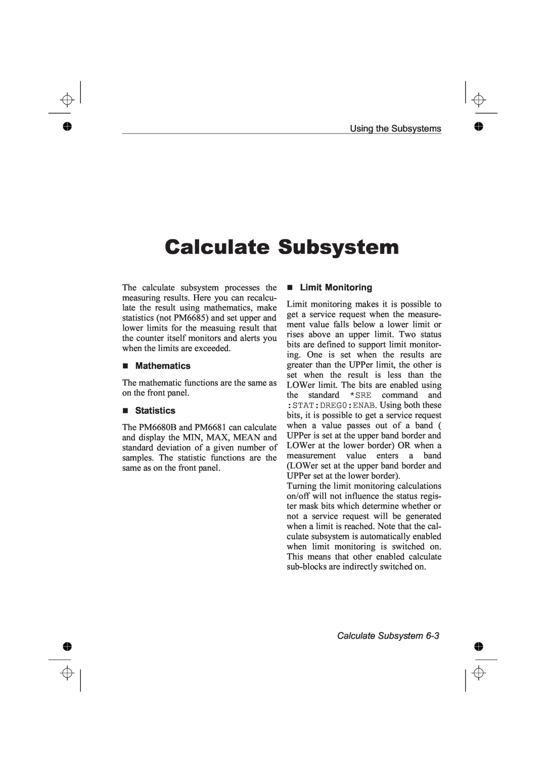 Fluke PM6681R, PM6685R manual Calculate Subsystem, Mathematics, Statistics, Limit Monitoring 