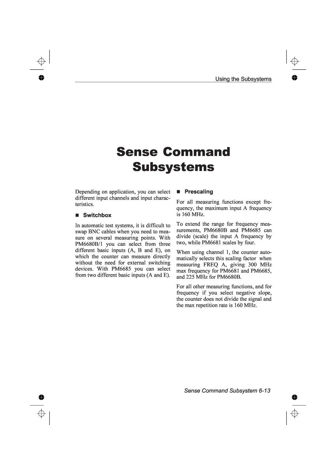 Fluke PM6681R, PM6685R manual Sense Command Subsystems, Switchbox, Prescaling 