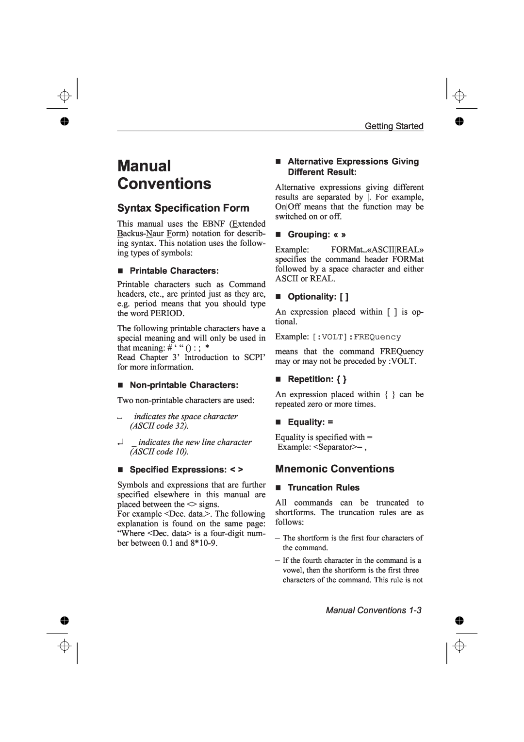 Fluke PM6681 manual Manual Conventions, Syntax Specification Form, Mnemonic Conventions, Printable Characters, Grouping « » 