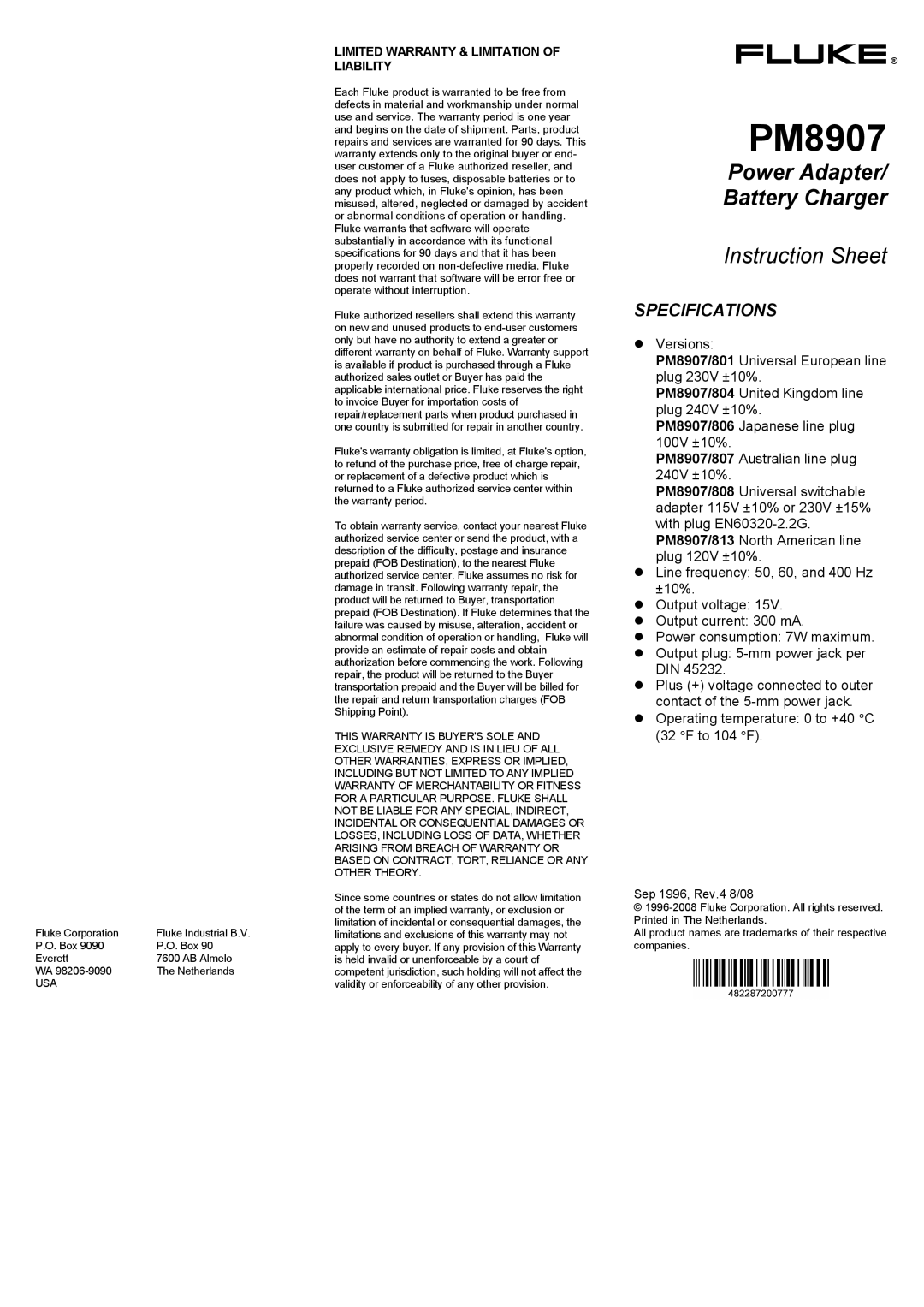 Fluke PM8907 specifications Power Adapter Battery Charger, Instruction Sheet, Specifications 