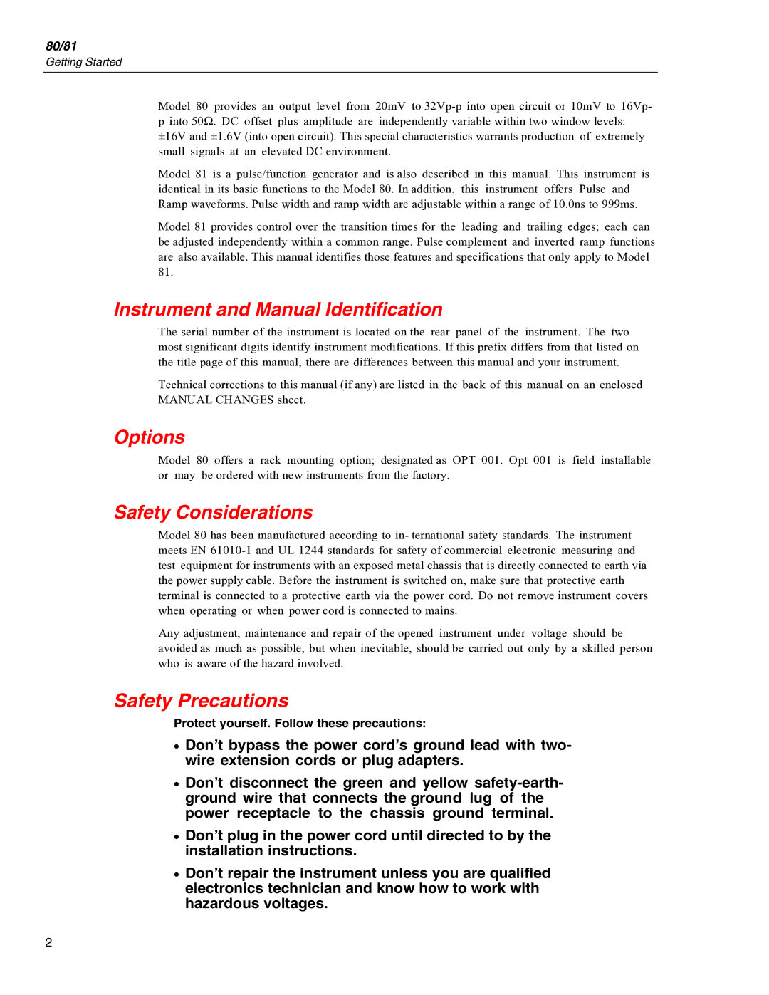 Fluke PN 2430621 manual Instrument and Manual Identification, Options, Safety Considerations, Safety Precautions 