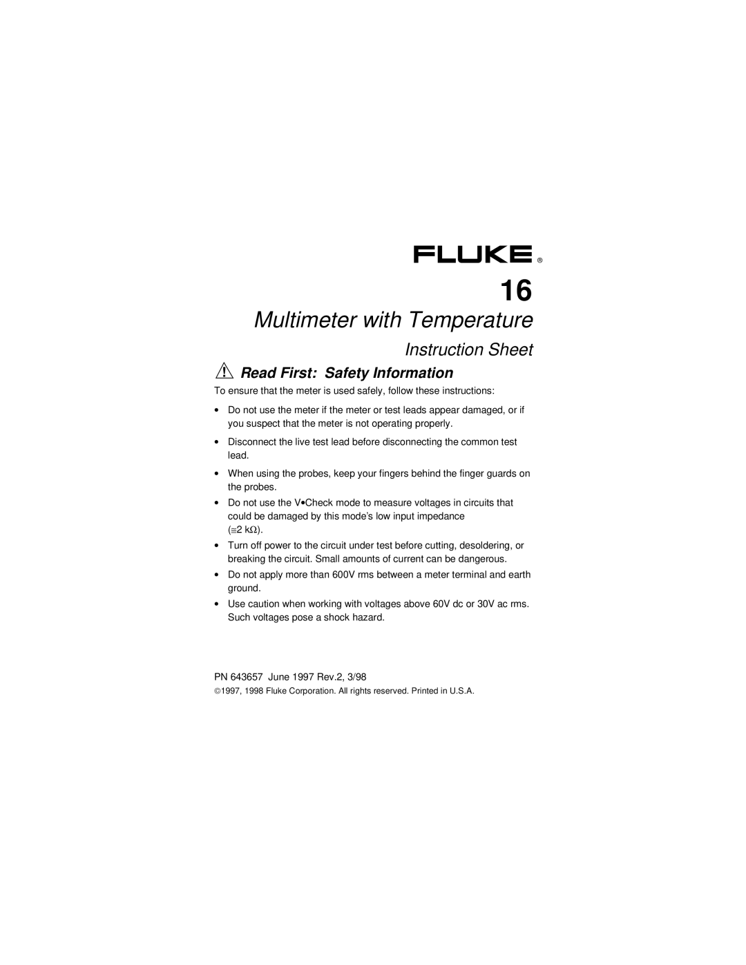 Fluke PN 643657 instruction sheet Multimeter with Temperature, Read First Safety Information 