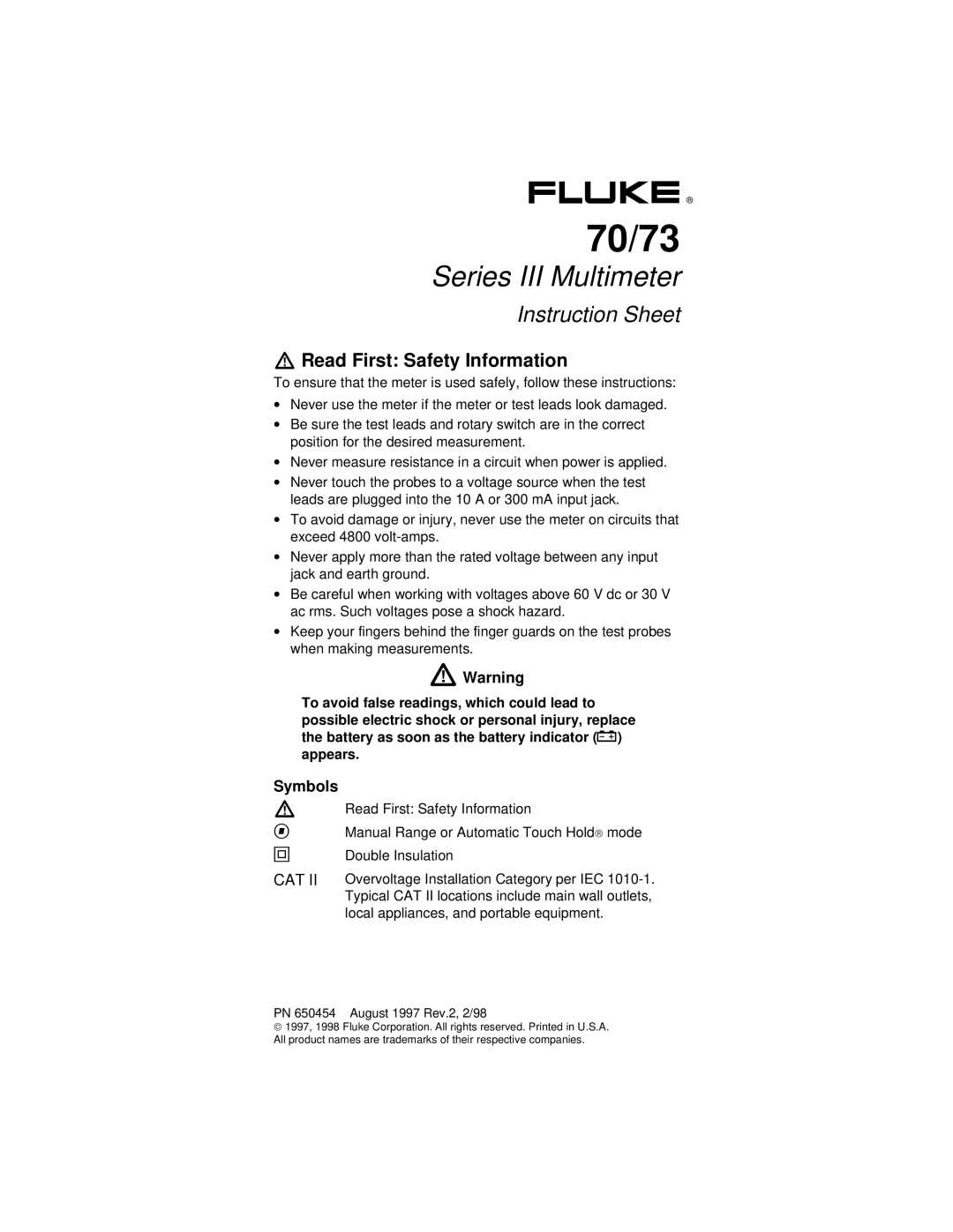 Fluke PN 650454 instruction sheet 70/73 