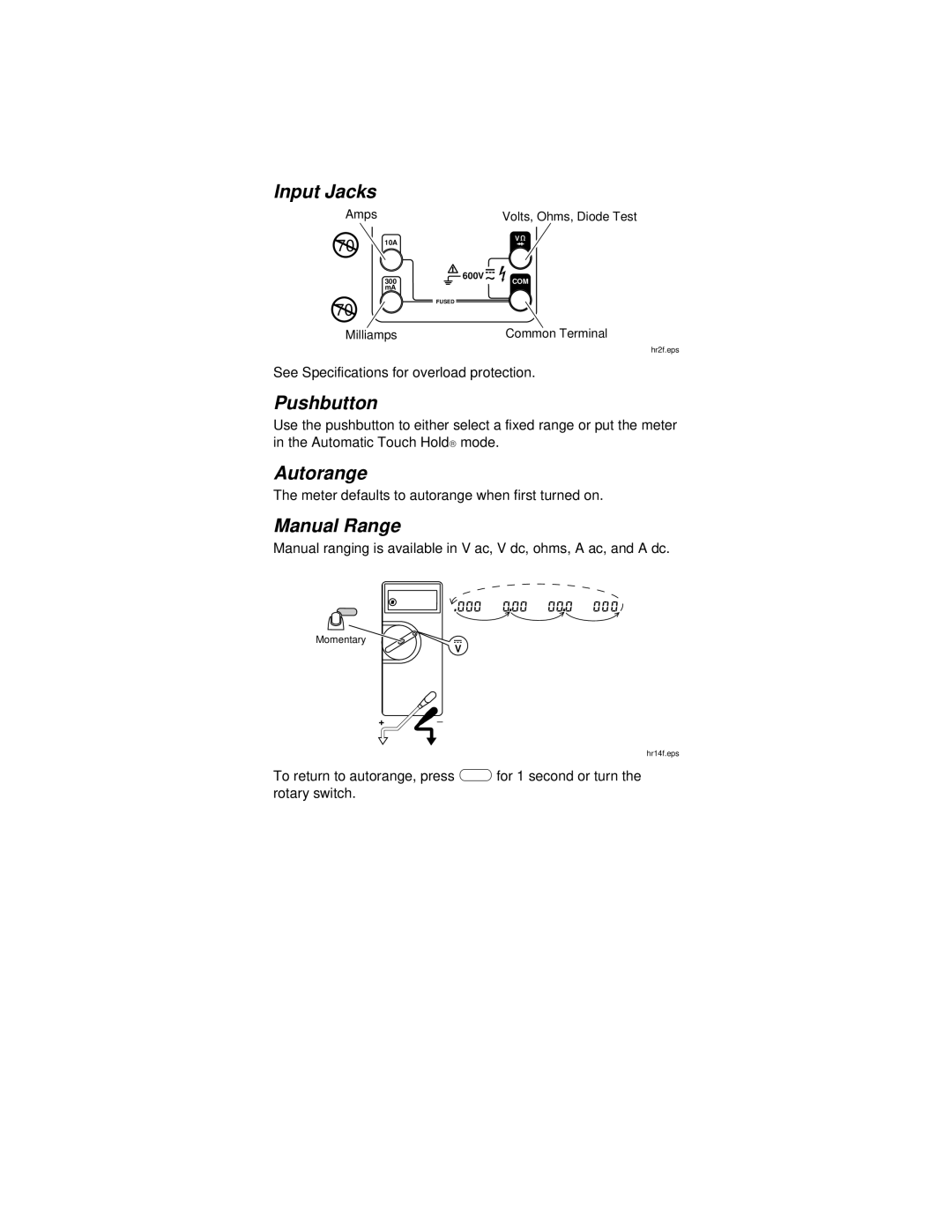 Fluke PN 650454 instruction sheet Input Jacks, Pushbutton, Autorange, Manual Range 