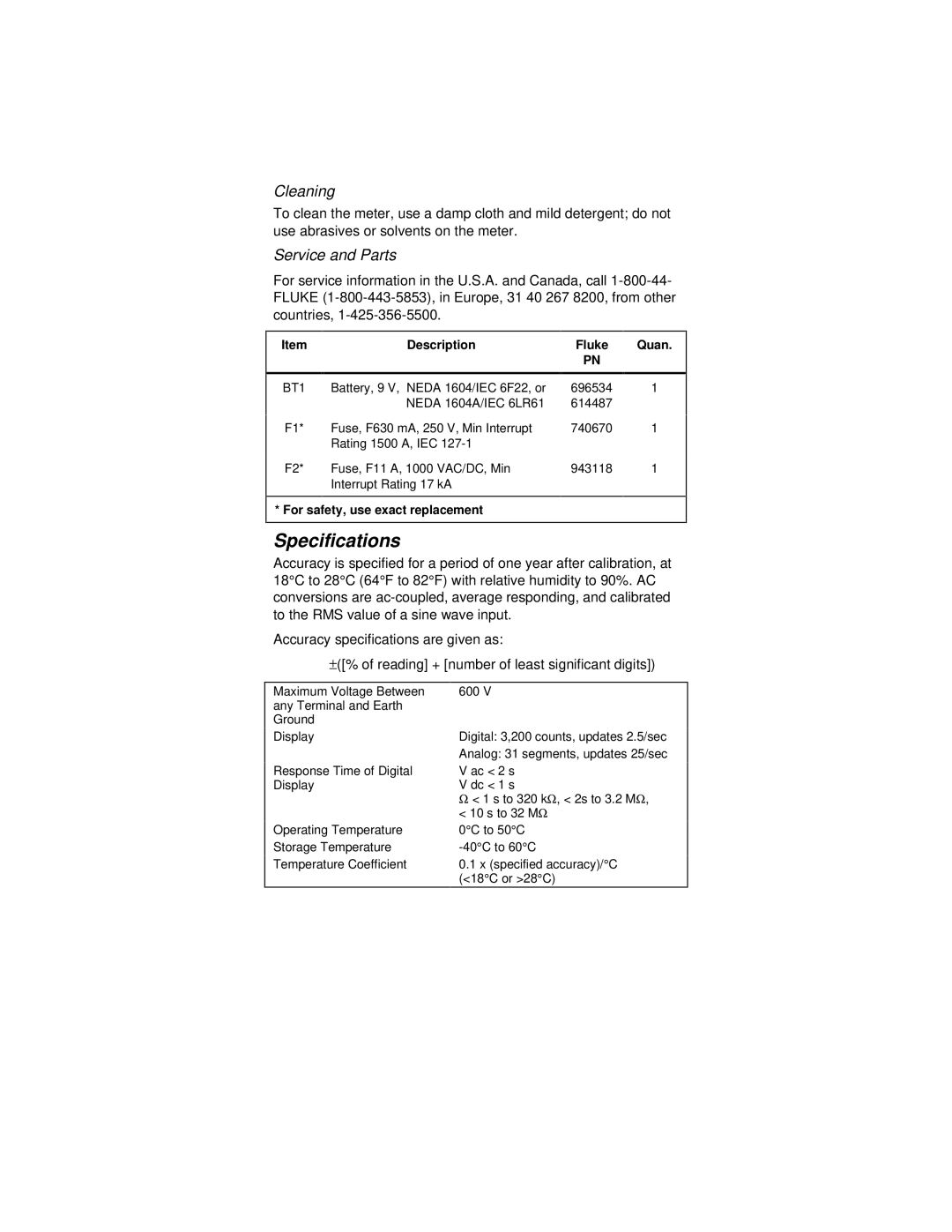 Fluke PN 650454 instruction sheet Specifications, Cleaning 