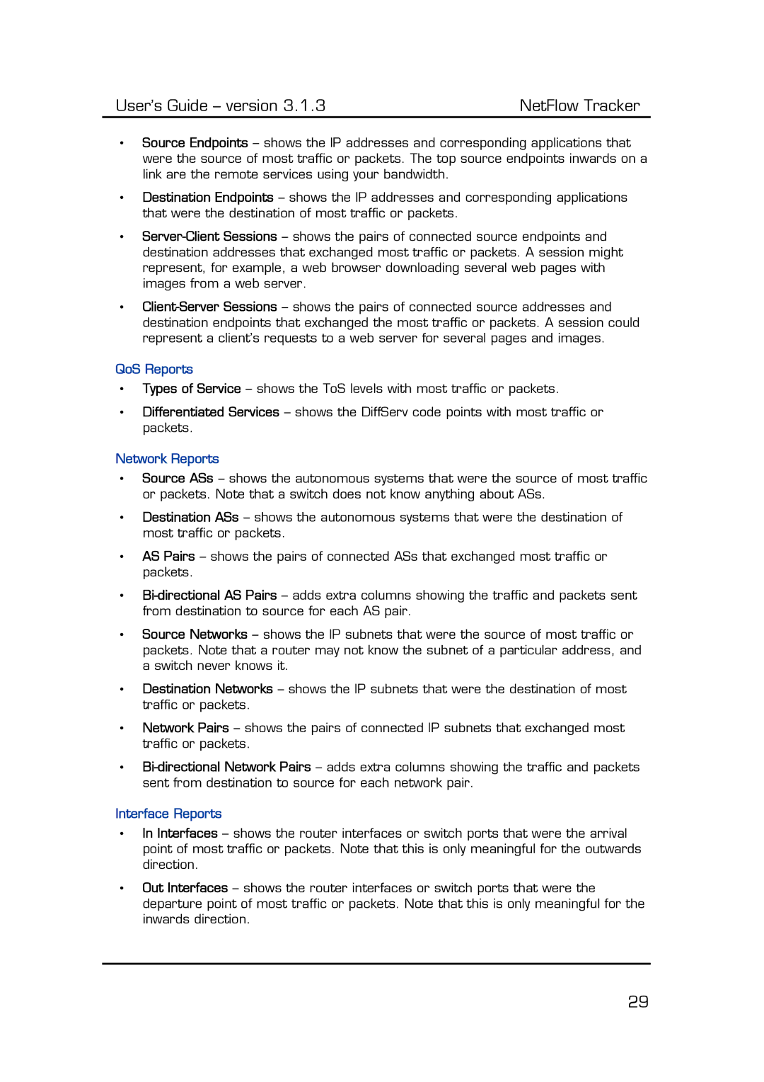 Fluke Recording Equipment manual QoS Reports, Network Reports, Interface Reports 