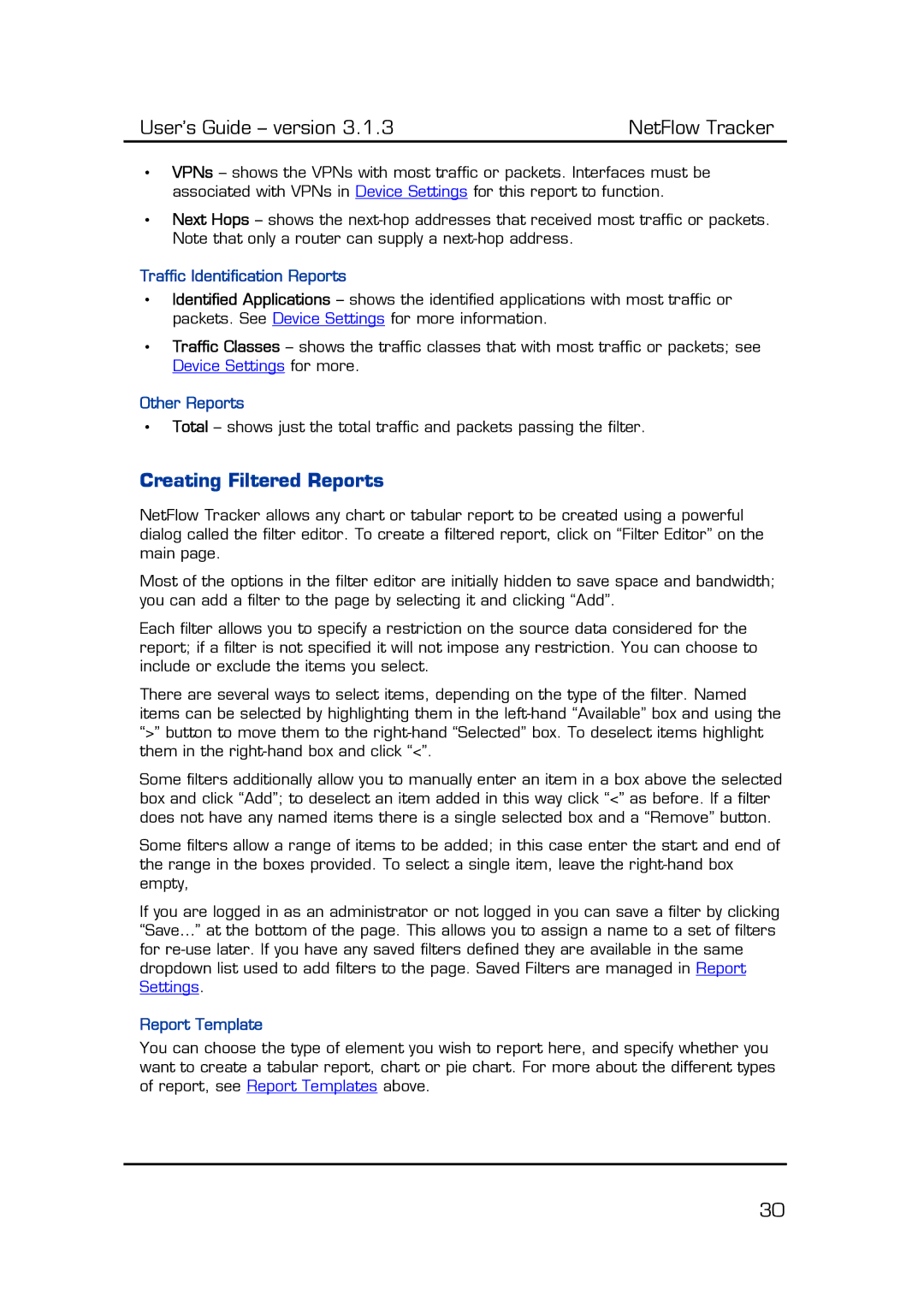 Fluke Recording Equipment manual Creating Filtered Reports, Traffic Identification Reports, Other Reports, Report Template 