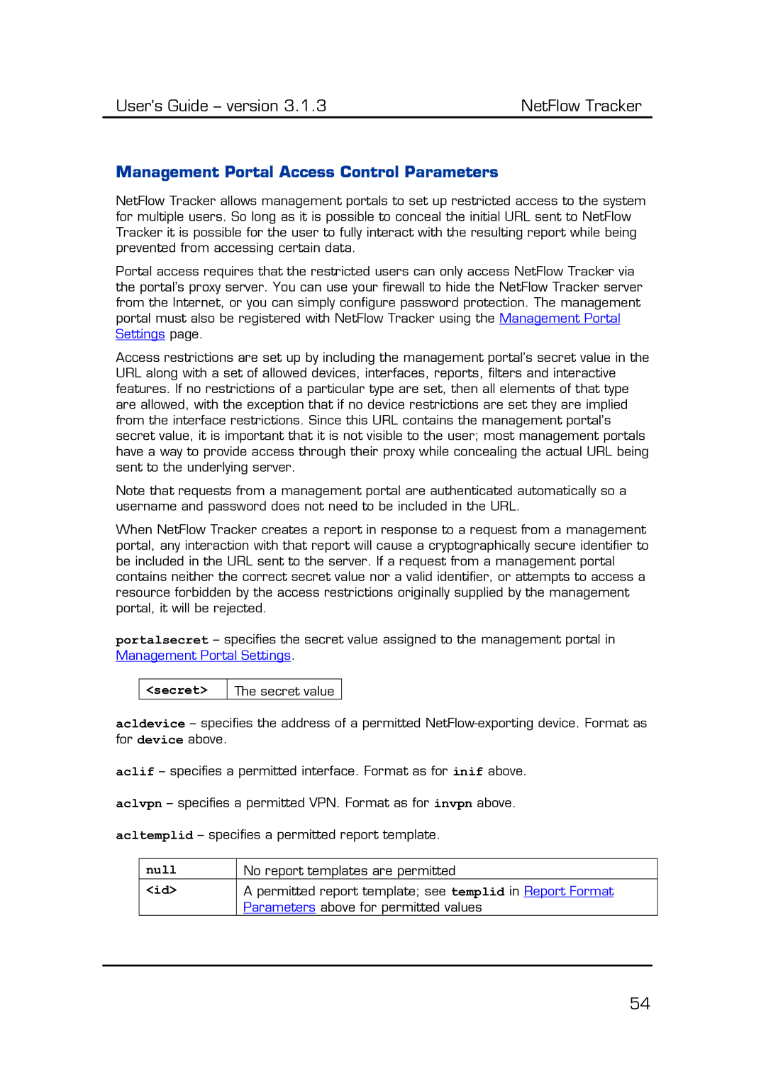 Fluke Recording Equipment manual Management Portal Access Control Parameters, Secret, Null 