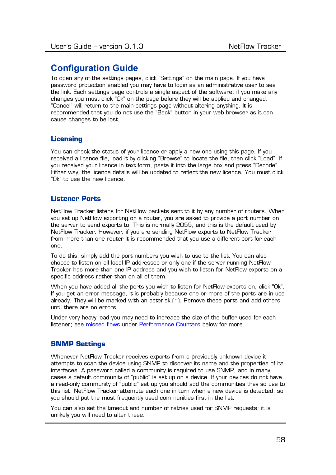 Fluke Recording Equipment manual Configuration Guide, Licensing, Listener Ports, Snmp Settings 