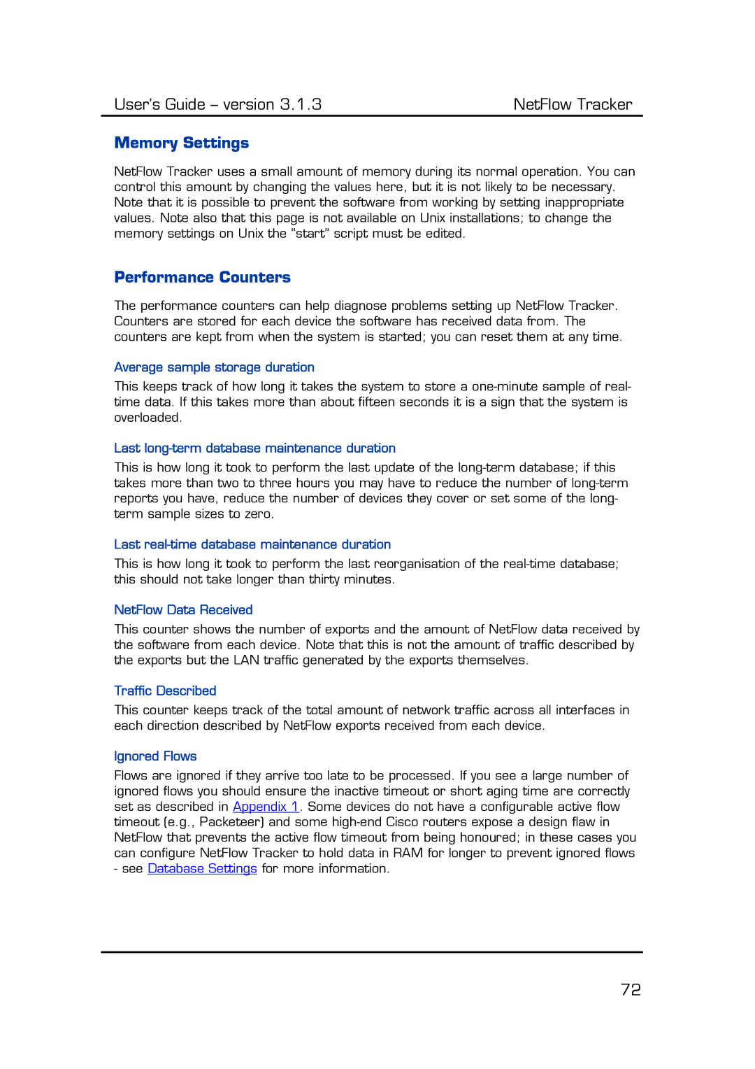 Fluke Recording Equipment manual Memory Settings, Performance Counters 