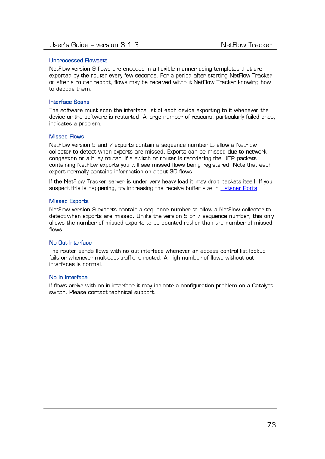 Fluke Recording Equipment manual Unprocessed Flowsets, Interface Scans, Missed Flows, Missed Exports, No Out Interface 