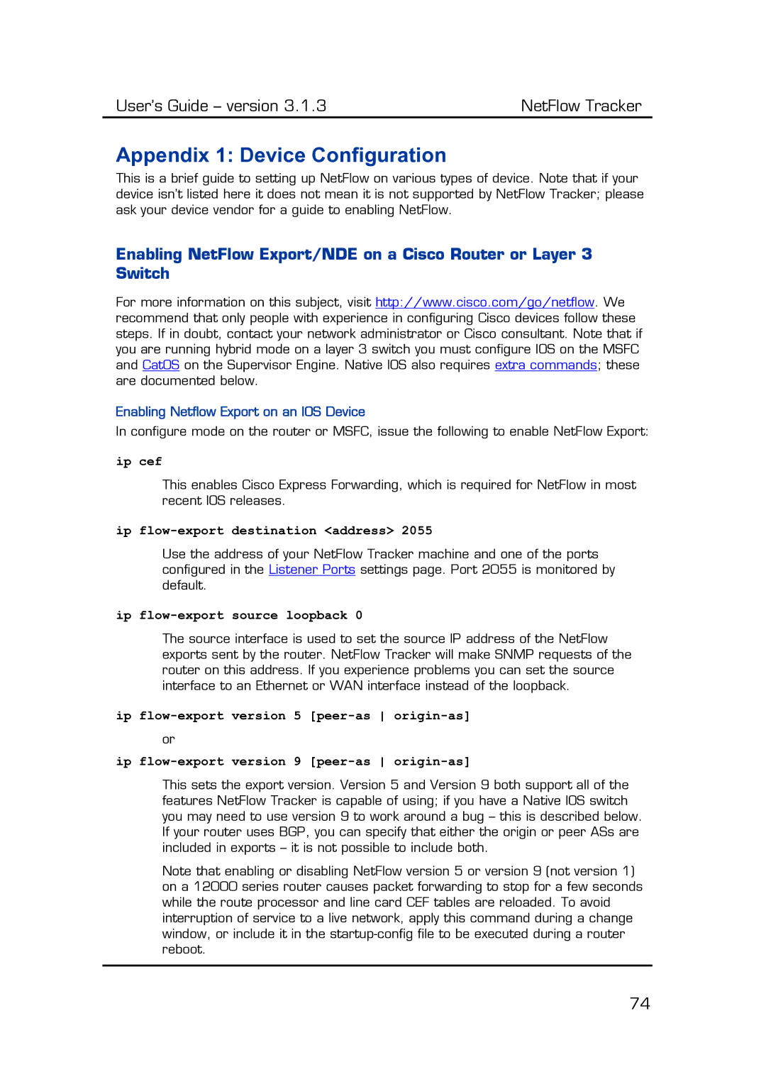 Fluke Recording Equipment manual Appendix 1 Device Configuration, Enabling Netflow Export on an IOS Device, Ip cef 