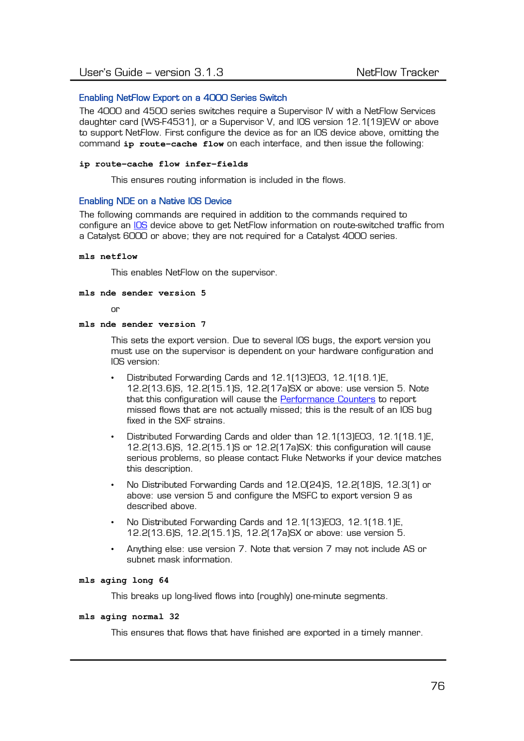 Fluke Recording Equipment manual Ip route-cache flow infer-fields, Mls netflow, Mls nde sender version, Mls aging long 