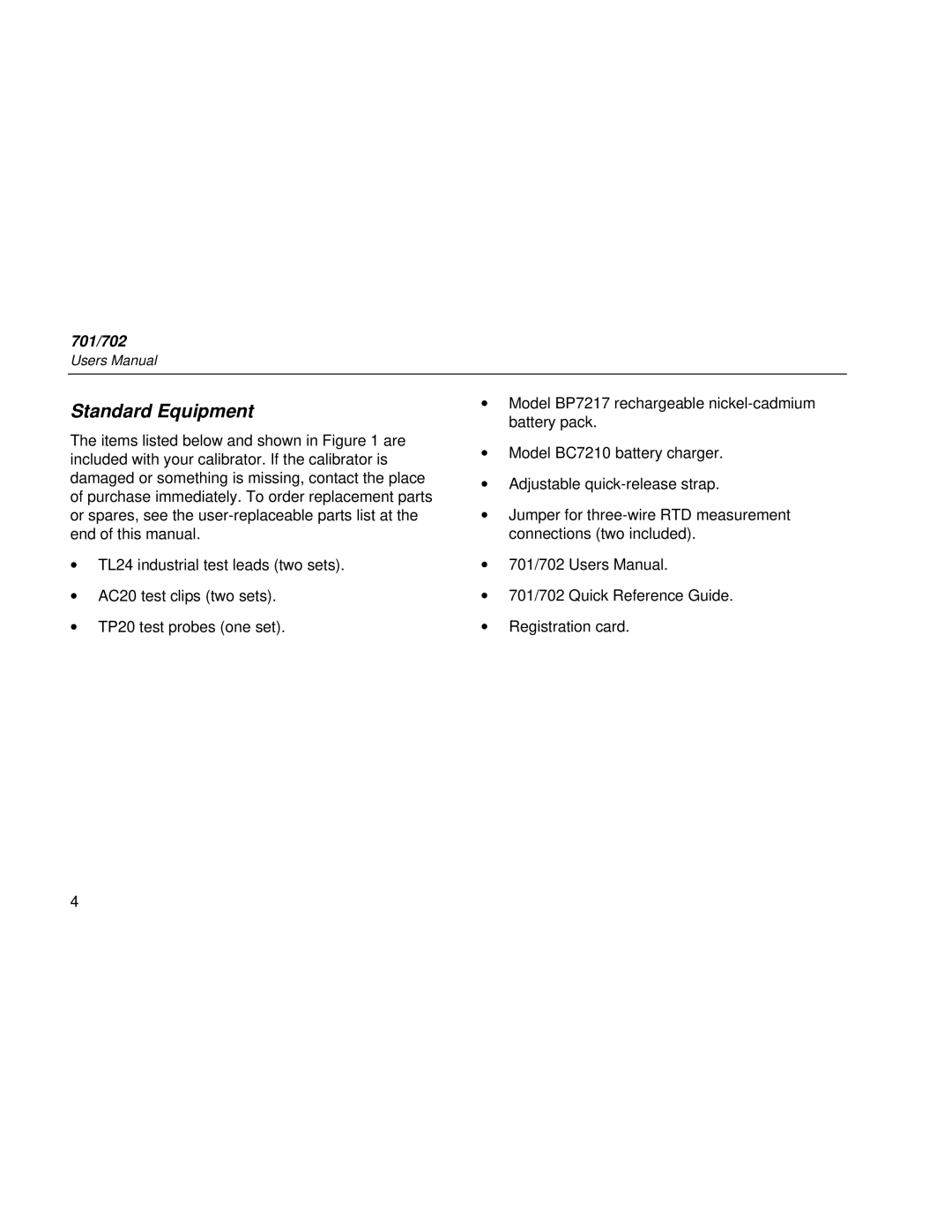 Fluke Rev. 4 user manual Standard Equipment 