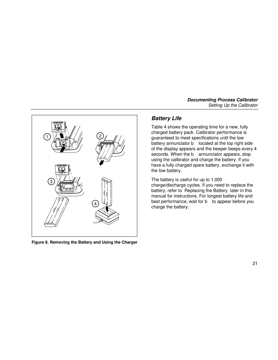 Fluke Rev. 4 user manual Battery Life, Removing the Battery and Using the Charger 