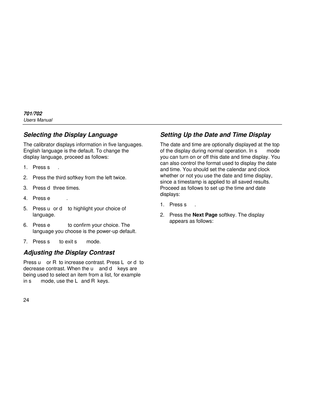 Fluke Rev. 4 Selecting the Display Language, Adjusting the Display Contrast, Setting Up the Date and Time Display 