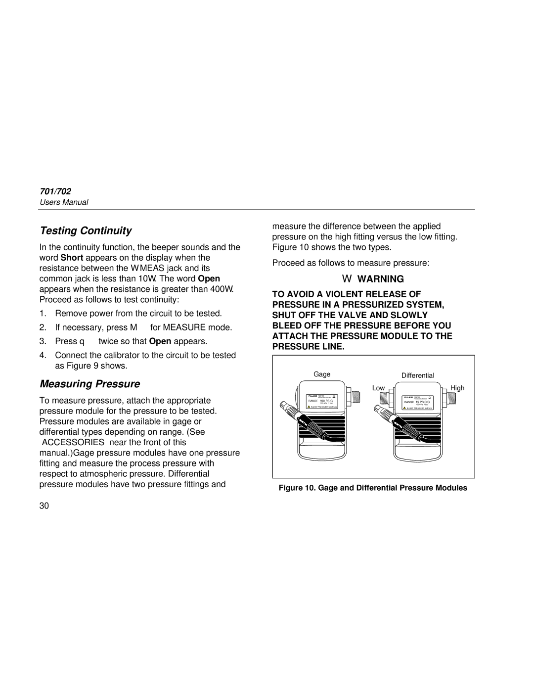 Fluke Rev. 4 user manual Testing Continuity, Measuring Pressure 