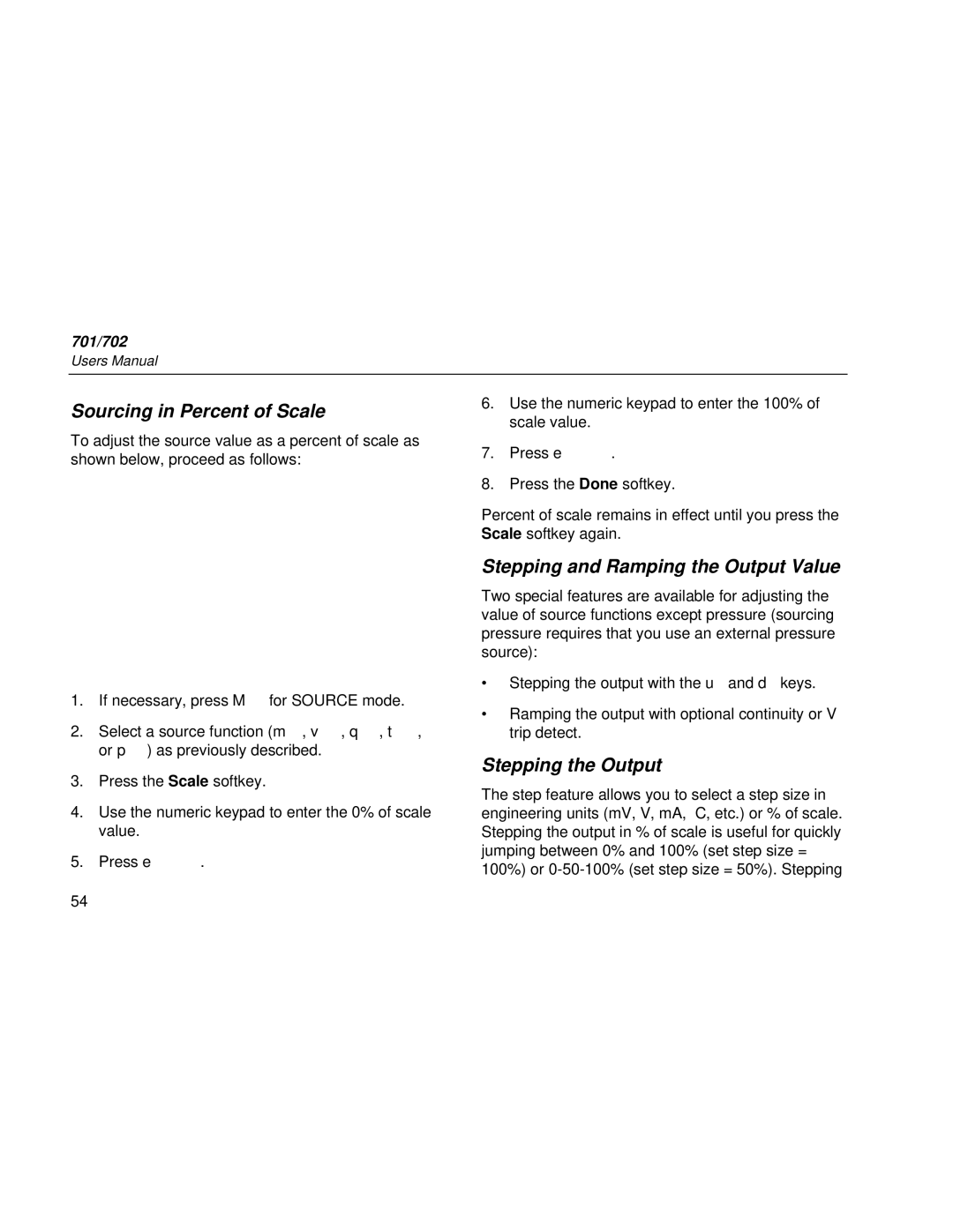 Fluke Rev. 4 user manual Sourcing in Percent of Scale, Stepping and Ramping the Output Value, Stepping the Output 