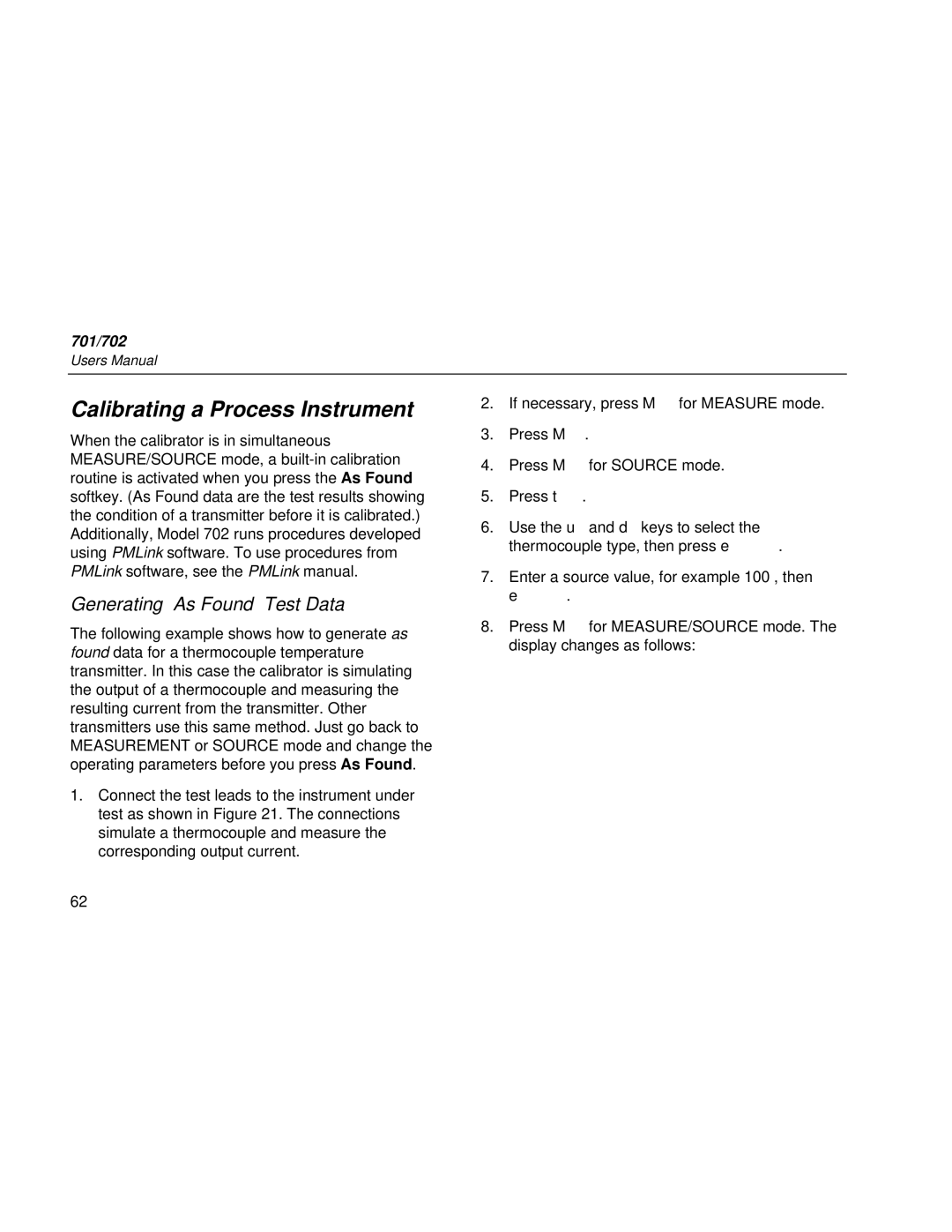 Fluke Rev. 4 user manual Calibrating a Process Instrument, Generating As Found Test Data 