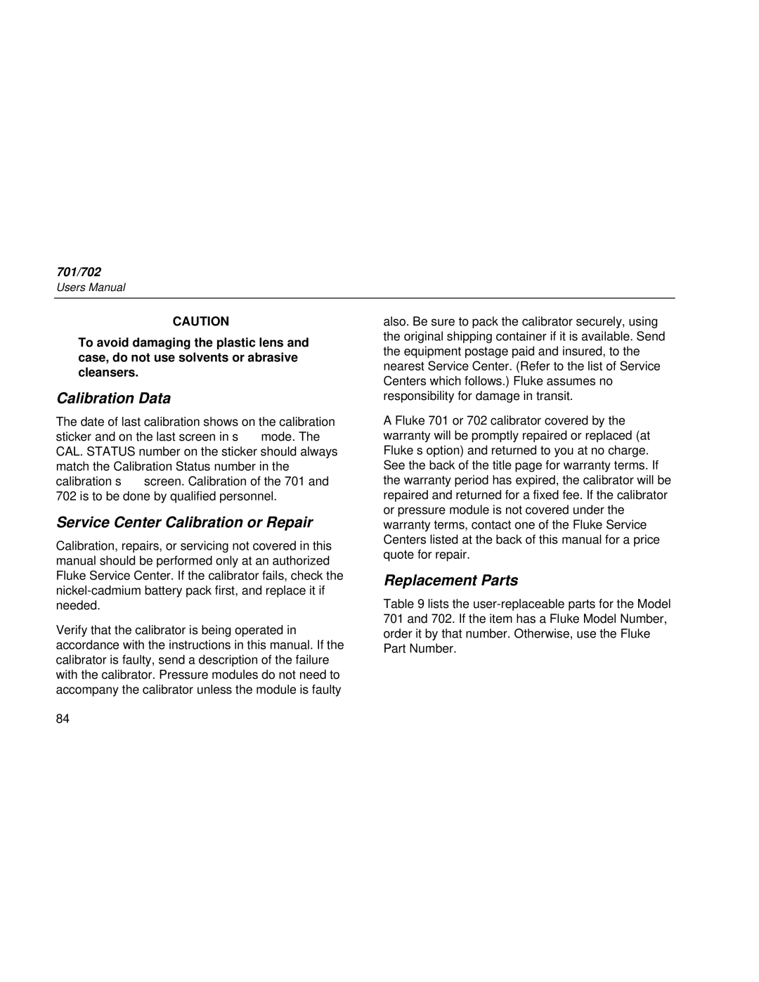 Fluke Rev. 4 user manual Calibration Data, Service Center Calibration or Repair, Replacement Parts 