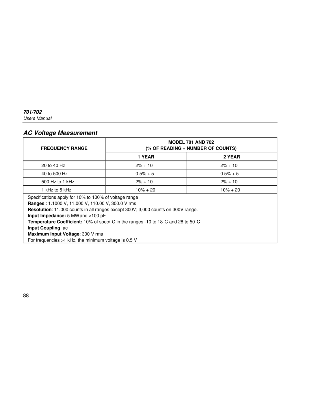 Fluke Rev. 4 user manual AC Voltage Measurement, Frequency Range, Reading + Number of Counts Year 